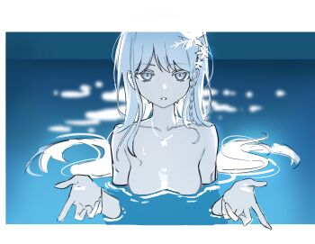 1girl absurdres blue_archive blurry blurry_background braid breasts collarbone colored_eyelashes commentary grey_eyes highres hoshirapu i&#039;ll_teach_you_everything_(chainsaw_man) jewelry long_hair looking_at_viewer nagusa_(blue_archive) necklace nude pale_skin parted_lips partially_submerged scene_reference side_braid small_breasts solo upper_body wet white_hair