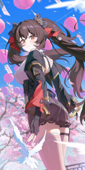 1girl absurdres airseal bird black_gloves blue_sky blush bow breasts brown_hair cherry_blossoms chinese_commentary closed_mouth commentary_request dove girls&#039;_frontline girls&#039;_frontline_2:_exilium gloves hair_bow highres id_card jiangyu_(girls&#039;_frontline_2) lantern looking_at_viewer orange_eyes paper_lantern partially_fingerless_gloves pouch red_bow sky smile solo teeth thighhighs twintails type_97_(girls&#039;_frontline) upper_teeth_only white_thighhighs