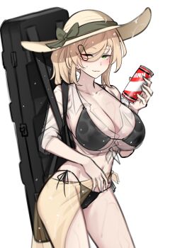Rule 34 | 1girl, ;3, absurdres, bag, bikini, black bag, black bikini, blonde hair, bow, breasts, can, collarbone, collared shirt, contrapposto, drink can, eyes visible through hair, green bow, green eyes, groin, hair ornament, hair over one eye, hairclip, hat, hat bow, highres, holding, holding can, k0ng, large breasts, light blush, looking at viewer, medium hair, merc-san (k0ng), one eye closed, original, see-through clothes, see-through shirt, shirt, side ponytail, sidelocks, simple background, sleeves rolled up, soda can, spaghetti strap, sun hat, swimsuit, tsurime, weapon bag, wet, white background, yellow hat