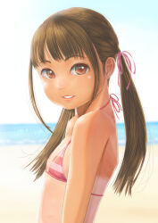 Rule 34 | 1girl, beach, bikini, blue sky, brown hair, commentary request, flat chest, hair ribbon, highres, horizon, light smile, long hair, looking at viewer, ocean, original, outdoors, parted lips, pink bikini, pink ribbon, red eyes, ribbon, sky, solo, striped bikini, striped clothes, sunlight, swimsuit, tan, tanline, twintails, upper body, uzuki mei
