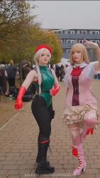 2girls animated ass bare_shoulders blonde_hair boots braid breasts cammy_white cammy_white_(cosplay) cosplay dress emilie_de_rochefort emilie_de_rochefort_(cosplay) fingerless_gloves fortnite gloves hat highres isaiicos large_breasts leotard long_hair melkbubbels multiple_girls real_life short_sleeves sleeveless standing standing_on_one_leg street_fighter street_fighter_x_tekken tagme tekken tekken_8 thong_leotard video
