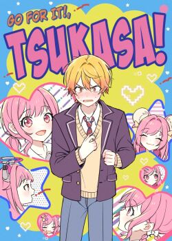 1boy 1girl animal_ears black_jacket blazer blunt_bangs blush bow character_name clenched_hand close_game/offline_(project_sekai) closed_eyes closed_mouth collared_shirt colorful_festival_(project_sekai) commentary_request connect_hearts_message_(project_sekai) diagonal-striped_clothes diagonal-striped_necktie dot_nose facing_viewer ganbare!_nakamura-kun!!_cover_parody halo heart hetero highres himitsu_no_valentine_daisakusen!_(project_sekai) jacket kamiyama_high_school_uniform_(project_sekai) korean_commentary lapels long_sleeves mouse_ears multicolored_necktie multiple_views necktie nervous_sweating notched_lapels official_alternate_costume official_alternate_hairstyle ootori_emu open_clothes open_jacket open_mouth orange_eyes orange_hair pants pink_eyes pink_hair pocket ppako project_sekai school_uniform shirt short_hair smile smile_of_dreamer_(project_sekai) star_(symbol) striped_clothes sweat sweater tenma_tsukasa tonari_ni_tatsu_yasashii_anata_e_(project_sekai) v-neck white_bow yellow_sweater