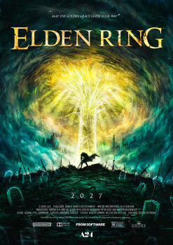 1boy 2025 2027 absurdres apparition armor artist_name bandai cape cloud cloudy_sky commentary content_rating copyright_name copyright_notice dated dolby elden_ring english_commentary english_text erdtree_(elden_ring) field_of_blades fromsoftware fur_cape ghonz_art giant_tree glowing glowing_tree highres holding holding_weapon movie_poster outdoors planted roundtable_knight_vyke ruins scenery sky solo standing sword title tombstone tree weapon