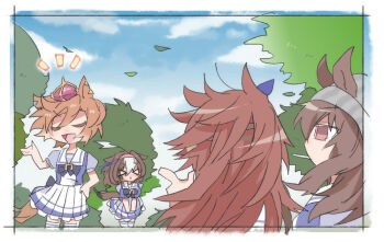 Rule 34 | > <, 4girls, :d, ahoge, animal ears, beanie, beer hsk, black bow, blue ribbon, blue sky, bow, breasts, brown eyes, brown hair, closed eyes, cloud, commentary request, crown, day, ear ribbon, ears through headwear, falling leaves, grey hat, hair between eyes, hairband, hand on own hip, hat, horse ears, horse girl, horse tail, large breasts, leaf, long hair, meisho doto (umamusume), mini crown, multicolored hair, multiple girls, nakayama festa (umamusume), open mouth, orfevre (old design) (umamusume), outdoors, parted lips, pink hairband, pleated skirt, puffy short sleeves, puffy sleeves, purple bow, purple shirt, ribbon, school uniform, shirt, short sleeves, skirt, sky, smile, striped clothes, striped headwear, t.m. opera o (umamusume), tail, tracen school uniform, tree, two-tone hair, umamusume, vertical-striped clothes, vertical-striped headwear, white hair, white skirt, wind