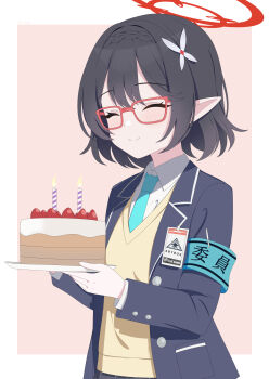 1girl absurdres abydos_high_school_logo aqua_hairband aqua_necktie artist_name ayane_(blue_archive) baozi_9527 birthday_cake black_hair black_jacket blue_archive border cake candle closed_eyes closed_mouth commentary food fruit glasses hair_ornament hairband halo highres jacket necktie pink_background plate red_halo shirt short_hair smile solo strawberry sweater_vest white_border white_shirt yellow_sweater_vest