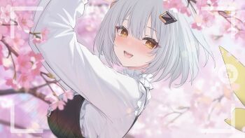 azur_lane breasts camera_view cherry_blossoms explorer_(azur_lane) game_cg hair_ornament hand_up highres lens_eye neckerchief non-web_source shirt short_hair smile white_hair white_shirt yellow_eyes