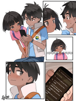 1boy 1girl absurdres artist_name backpack bag black_hair blue_shirt blunt_bangs blush brown_eyes cellphone commentary cousins dark-skinned_female dark-skinned_male dark_skin diego_marquez dora_marquez dora_the_explorer english_commentary english_text highres holding holding_phone looking_at_another orange_shorts phone pink_shirt purple_bag shirt shorts simple_background sitting smartphone smile sydus v-shaped_eyebrows vest white_background white_vest