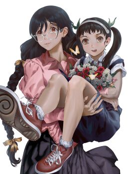 Rule 34 | 2girls, absurdres, black hair, blue overalls, bouquet, braid, brown eyes, bug, butterfly, carrying, carrying person, collared shirt, commentary, earrings, firstdayiyui, flower, foreshortening, glasses, green ribbon, hachikuji mayoi, hair ribbon, hairband, hanekawa tsubasa, highres, holding, holding bouquet, insect, jewelry, long hair, long sleeves, monogatari (series), multiple girls, naoetsu high school uniform, open mouth, overalls, parted lips, pink shirt, princess carry, puffy sleeves, purple skirt, red shoes, ribbon, school uniform, shirt, shoe soles, shoes, simple background, skirt, transparent-framed eyewear, twin braids, twintails, very long hair, white background, white hairband, white shirt, yuri