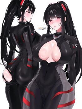 Rule 34 | 1girl, absurdres, artist name, ass, black bodysuit, black hair, blue archive, blunt bangs, blush, bodysuit, breasts, bright pupils, cleavage, commentary, covered navel, cowboy shot, from behind, hair ornament, highres, impossible bodysuit, impossible clothes, impossible leotard, large breasts, latex, latex bodysuit, leotard, long hair, looking at viewer, multiple views, no halo, official alternate costume, official alternate hairstyle, open bodysuit, open clothes, paid reward available, parted lips, patreon username, pixiv username, ponytail, red eyes, ringed eyes, rio (blue archive), rio (armed) (blue archive), sidelocks, simple background, skin tight, standing, torn bodysuit, torn clothes, twitter username, variant set, very long hair, white background, white pupils, zairen chan