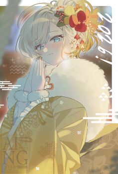 1girl 2026 black_nails blue_eyes blurry blurry_background brown_flower brown_hair brown_kimono closed_mouth commentary_request depth_of_field egasumi flower frilled_sleeves frills fur_collar gradient_hair grey_hair highres japanese_clothes kimono long_sleeves looking_at_viewer multicolored_hair nail_polish original palms_together red_flower smile solo stemiomio upper_body watermark wide_sleeves yellow_flower