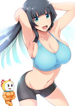1boy 1girl armpits arms_behind_head arms_up bare_arms bare_shoulders bike_shorts black_hair blunt_bangs breasts cleavage collarbone crop_top dumbbell_nan_kilo_moteru? gloves highres large_breasts long_hair looking_at_viewer mask midriff navel open_mouth smile souryuuin_akemi tongue tsukasawa_takamatsu