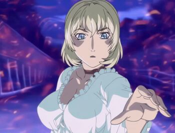 1girl 2007 american animated animated_gif anime_screenshot attack bible_black bible_black_new_testament blonde_hair blue_eyes bouncing_breasts bow breasts choker crazy_smile dress energy_beam glowing glowing_eyes jody_crowley large_breasts lips nightgown reaching shin_bible_black shiny_skin short_hair smile solo tagme white_dress witch