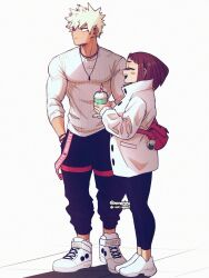 1boy 1girl bakugou_katsuki blonde_hair boku_no_hero_academia brown_hair dimples ear_piercing hands_in_pockets height_difference highres jewelry medium_hair muscular muscular_male necklace niverins pectorals piercing red_eyes ring spiked_hair uraraka_ochako white_background wristband