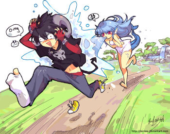 ! !! 1boy 1girl anger_vein black_hair black_shirt blue_hair cetacean_tail commentary denim ein_lee english_commentary false_smile fins fish_tail foreshortening full_body gen_1_pokemon gen_2_pokemon grass head_fins horns houndoom hydrokinesis jeans jewelry layered_sleeves long_hair male_underwear motion_lines naked_towel necklace nintendo onsen outdoors pants path pendant personification pokemon red_eyes red_male_underwear road running shaded_face shirt shoes short_hair signature skull_necklace skull_print smile sneakers socks spiked_hair spoken_anger_vein t-shirt tail towel tree underwear vaporeon water water_drop water_gun_(pokemon) white_socks wide-eyed yellow_shoes