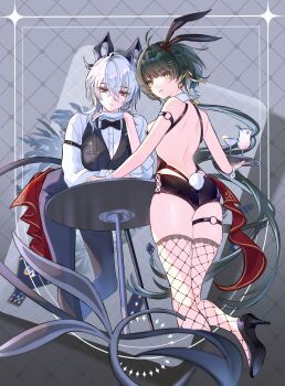 2girls absurdres alternate_costume animal_ears antenna_hair back backless_outfit bare_shoulders black_bow black_bowtie black_hair black_horns black_pants black_shoes black_shorts black_tail black_vest bow bowtie breasts butler card chromatic_aberration closed_mouth commentary crossdressing crossdressing_(ftm) cup curled_horns demon_tail drinking_glass earrings fake_animal_ears fake_tail female_butler female_rover_(wuthering_waves) fishnet_thighhighs fishnets gloves hair_between_eyes hair_bow hair_ornament hair_ribbon hairclip high_heels highres holding holding_tray horns jewelry key_earrings large_breasts leaning_on_table long_hair long_sleeves looking_at_viewer looking_back low_ponytail median_furrow medium_breasts mole mole_under_eye multicolored_hair multiple_girls mutii o-ring o-ring_thigh_strap pants parallel_hairclips parted_lips playing_card ponytail rabbit_ears rabbit_tail red_bow red_eyes ribbon rover_(wuthering_waves) shirt shoes short_shorts shorts smile streaked_hair table tail thigh_strap thighhighs thighs tray triangle_earrings very_long_hair vest white_gloves white_shirt white_wrist_cuffs wrist_cuffs wuthering_waves yellow_eyes yellow_ribbon zani_(wuthering_waves)