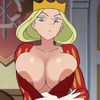1girl animated animated_gif areola_slip blonde_hair blue_eyes bouncing_breasts breasts breasts_out bursting_breasts castle cleavage clothes_pull collarbone crown divine_wine_(vampiranhya) dress elbow_gloves flag flashing gloves hilling_(ousama_ranking) huge_breasts indoors jitome large_breasts long_hair looking_at_viewer nipple_slip nipples no_bra ousama_ranking pointy_nose red_dress solo teasing