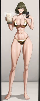 1girl abs bare_shoulders barefoot beer_mug bikini blue_eyes blush breasts cleavage collarbone cum cum_in_container cum_in_cup cup full_body gluteal_fold gold_bikini green_eyes grey_hair heterochromia highres holding holding_phone idolmaster idolmaster_cinderella_girls large_breasts mirror_selfie mole mole_under_eye mug navel open_mouth phone selfie senju_(snz0) short_hair solo swimsuit takagaki_kaede thighs