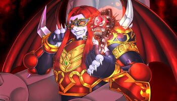 1boy armor breastplate chest_jewel claws colored_skin commentary demon demon_wings duel_monster english_commentary fabled_leviathan fiendsmith_requiem gem grin highres long_hair mask masquerade_mask moltengates one-eyed parted_hair pauldrons purple_lips purple_skin red_armor red_eyes red_hair sharp_teeth shoulder_armor shoulder_spikes sitting_on_throne smile spiked_knuckles spikes teeth upper_body vambraces wings yu-gi-oh!