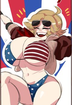 1girl absurdres american_flag american_flag_bikini american_flag_print arms_up bikini breasts flag_print flag_print_bikini grandyuric happy highres jacket large_breasts non-web_source open_clothes open_jacket open_mouth original print_bikini solo swimsuit usa_(grandyuric) wide_hips