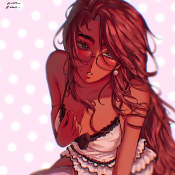 1girl alien_stage alternate_costume anniqx bare_shoulders breasts brown_hair camisole cleavage commentary dark-skinned_female dark_skin earrings english_commentary glasses grey_eyes highres hyuna_(alien_stage) jewelry lace_trim long_hair parted_lips pearl_earrings pink_background polka_dot polka_dot_background signature skirt sleepwear solo sphere_earrings very_long_hair white_camisole white_skirt