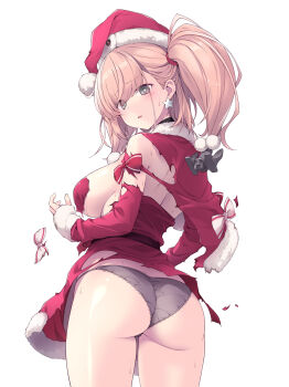 1girl anchor_hair_ornament ass atlanta_(christmas)_(kancolle) atlanta_(kancolle) black_choker black_panties breasts bright_pupils brown_hair capelet choker christmas commentary_request dress earrings from_behind fur-trimmed_capelet fur-trimmed_dress fur-trimmed_headwear fur-trimmed_sleeves fur_trim grey_eyes hair_ornament hat highres jewelry kantai_collection large_breasts long_hair long_sleeves official_alternate_costume panties red_capelet red_dress red_hat sakana_(flame_sakana) santa_costume santa_dress santa_hat short_dress solo star_(symbol) star_earrings torn_capelet torn_clothes torn_dress two_side_up underwear