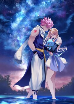 1boy 1girl :d ^_^ baggy_pants barefoot blonde_hair closed_eyes commentary detached_sleeves english_commentary fairy_tail floating_hair full_body happy happy_(fairy_tail) highres jmoart214 long_hair lucy_heartfilia milky_way muscular muscular_male natsu_dragneel night open_mouth outdoors pants pink_hair profile ripples scarf scenery short_hair shoulder_tattoo smile soaking_feet spiked_hair standing star_(sky) tattoo water white_pants white_scarf