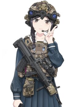 1girl assault_rifle black_shirt black_skirt braid bullpup chinese_commentary combat_helmet commentary_request fast_helmet gun handgun helmet highres holding holding_gun holding_weapon load_bearing_vest long_sleeves night_vision_device original qbz-95 rifle sailor_collar school_uniform serafuku shirt simple_background single_braid skirt solo tactical_clothes tactical_school_uniform upper_body user_uejr5243 v weapon white_background white_sailor_collar