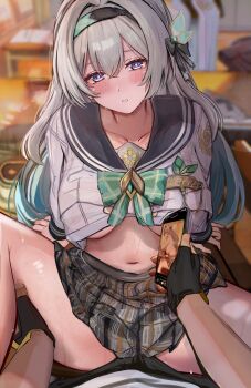 1boy 1girl absurdres black_sailor_collar blush breasts bulge cellphone efuri_(riarea00) firefly_(honkai:_star_rail) grey_hair grey_skirt hair_ornament hairband highres honkai:_star_rail honkai_(series) large_breasts long_hair long_sleeves looking_at_viewer navel phone purple_eyes sailor_collar shirt sitting sitting_on_person skirt spread_legs thighs white_shirt
