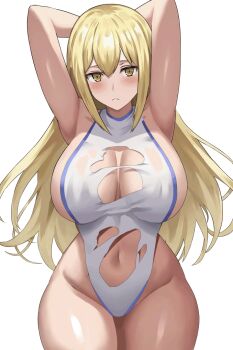 1girl adapted_costume aiz_wallenstein animated animated_gif armpits arms_behind_head arms_up blonde_hair blush bouncing_breasts breasts breasts_apart closed_mouth cowboy_shot dungeon_ni_deai_wo_motomeru_no_wa_machigatteiru_darou_ka groin hair_between_eyes highleg highleg_leotard huge_breasts jasony leotard light_frown long_hair looking_at_viewer navel simple_background solo thighs torn_clothes torn_leotard white_background white_leotard yellow_eyes