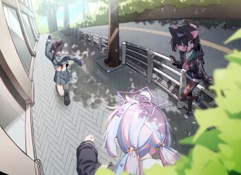 Rule 34 | absurdres, animal ears, black choker, black hair, black hoodie, black pantyhose, blue archive, cat ears, cat girl, choker, green sailor collar, halo, highres, hood, hoodie, kazusa (blue archive), medium hair, neckerchief, pantyhose, pink hair, pink halo, pink neckerchief, purple hair, purple halo, reisa (blue archive), sailor collar, skirt, sukeban (smg) (blue archive), white skirt, whonyang