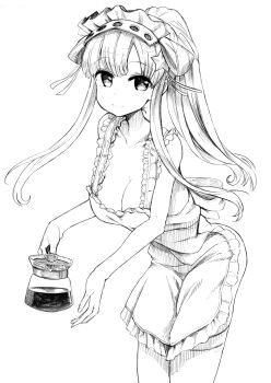 1girl absurdres alternate_hairstyle apron breasts cleavage coffee_pot fletcher_(kancolle) frilled_apron frills hair_ornament highres kantai_collection lineart maid_headdress medium_breasts monochrome nearly_naked_apron ponytail solo star_(symbol) star_hair_ornament thighhighs tsuji_kazuho