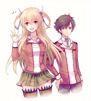 Rule 34 | 1boy, 1girl, aiguillette, alisa reinford, black hair, blonde hair, blue necktie, breasts, brown eyes, double-parted bangs, eiyuu densetsu, floating hair, hair between eyes, hand on own hip, large breasts, long hair, looking at viewer, necktie, pants, parted bangs, rean schwarzer, red eyes, school uniform, sen no kiseki (series), sen no kiseki i, short hair, skirt, smile, sweater, turtleneck, turtleneck sweater, twintails, upper body, user yhmk3257, waving