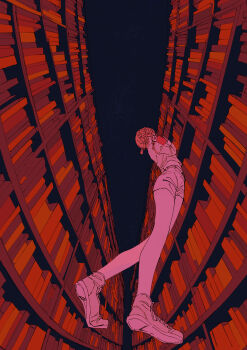 Rule 34 | 1girl, absurdres, bookshelf, chainsaw man, cosmo (chainsaw man), fisheye, from below, full body, highres, library, long legs, long sleeves, midriff, monochrome, oji-sama (ochi4t), shoes, short hair, shorts, solo