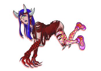 1girl absurdres argyle_clothes argyle_thighhighs blue_hair cacodemon claws colored_sclera commentary cyclops demon_girl doom_(series) elbow_spikes fangs floating from_side full_body green_eyes green_sclera highres horns knee_spikes long_hair looking_at_viewer monster_girl one-eyed open_mouth personification phobos-anomaly pink_shoes pink_thighhighs red_shirt shirt shoes simple_background sneakers solo thighhighs torn_clothes torn_shirt torn_thighhighs transparent_background