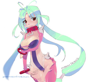 00s 1girl antenna_hair aqua_hair bangle bodysuit bracelet breast_hold breasts collar covered_erect_nipples dears embarrassed facial_mark forehead_mark hair_tubes jewelry large_breasts leotard long_hair red_eyes ren_(dears) robert_de_jesus see-through_clothes see-through_bodysuit twintails very_long_hair white_background