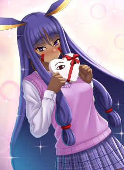 Rule 34 | 1girl, animal ears, blush, bow, bowtie, box, breasts, chuppa (katotsuba), collared shirt, commentary request, dark-skinned female, dark skin, earrings, facial mark, fate/grand order, fate (series), gift, gift box, heart-shaped box, hoop earrings, jackal ears, jewelry, long hair, long sleeves, looking at viewer, medium breasts, nitocris (fate), nitocris (into the spring) (fate), pink vest, purple eyes, purple hair, purple skirt, shirt, sidelocks, skirt, solo, sweater vest, vest, white shirt