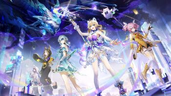 5girls absurdres animal_ears arm_up black_gloves blonde_hair blue_background blue_eyes blue_hair boots character_request commentary detached_sleeves dragon dress fake_animal_ears fuchsia_(strinova) gloves gun hair_between_eyes hair_intakes hair_ornament highres holding holding_wand lace-up_boots leg_up looking_at_another looking_at_viewer looking_up magical_girl meredith_(strinova) michele_(strinova) multicolored_hair multiple_girls official_alternate_costume orange_boots orange_dress orange_sleeves parted_lips pink_hair short_hair simple_background sleep_mask solo sparkle standing standing_on_one_leg star_(symbol) star_hair_ornament strinova thigh_strap thighhighs twintails wand weapon white_thighhighs wing_hair_ornament yugiri_(strinova)