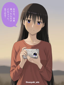 Rule 34 | 1girl, absurdres, azumanga daiou, black hair, blurry, blurry background, camera, closed mouth, commentary request, gradient sky, hair between eyes, hands up, head tilt, highres, holding, holding camera, light blush, long hair, long sleeves, looking at viewer, naoyuki arts, outdoors, red sweater, sakaki (azumanga daioh), sky, smile, solo, straight-on, sweater, translation request, twilight, twitter username, upper body, very long hair