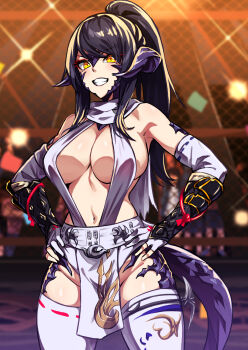 Rule 34 | 1girl, armpits, au ra, black hair, breasts, brown eyes, chain-link fence, cleavage, commission, crowd, dragon horns, dragon tail, eyebrows hidden by hair, fence, final fantasy, final fantasy xiv, grin, groin, hair between eyes, hair over one eye, hands on own hips, highres, horns, kunoichi day, large breasts, long hair, looking at viewer, midriff, navel, open mouth, ponytail, samael (5211), sapphira nyx, second-party source, smile, solo, tail, teeth, thighhighs, vambraces, warrior of light (ff14), white thighhighs, wrestling ring