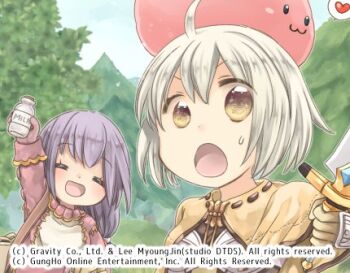 2girls :3 ahoge bottle brown_capelet brown_eyes brown_jacket capelet closed_eyes commentary_request copyright_notice creature_on_head day grey_hair holding holding_sword holding_weapon jacket long_sleeves lowres merchant_(ragnarok_online) milk_bottle multiple_girls open_clothes open_jacket open_mouth outdoors paid_reward_available poring purple_hair ragnarok_online shinonome_moegi shirt short_hair slime_(creature) sword swordsman_(ragnarok_online) tree upper_body weapon white_shirt