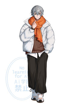 1boy absurdres adjusting_clothes alternate_costume black_pants brown_sweater commentary crossed_bangs english_commentary full_body green_eyes grey_hair hair_between_eyes hand_in_pocket hand_up highres jacket looking_at_viewer male_focus open_clothes orange_scarf pants parted_lips scarf shoes short_hair simple_background smile solo sweater watch white_background white_jacket white_shoes wise_(zenless_zone_zero) wristwatch yger zenless_zone_zero
