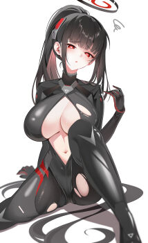 1girl absurdres arm_support black_bodysuit black_hair black_halo blue_archive blunt_bangs blush bodysuit breasts bright_pupils cleavage commentary_request hair_behind_ear hair_ornament halo hand_up head_tilt highres impossible_bodysuit impossible_clothes knee_up large_breasts latex latex_bodysuit long_hair looking_at_viewer multicolored_halo navel official_alternate_costume official_alternate_hairstyle open_bodysuit open_clothes parted_lips partial_commentary partially_unzipped ponytail red_eyes ringed_eyes rio_(armed)_(blue_archive) rio_(blue_archive) shadow sidelocks sikimosh simple_background sitting skin_tight solo squiggle stomach sweat torn_bodysuit torn_clothes two-tone_halo very_long_hair white_background white_pupils