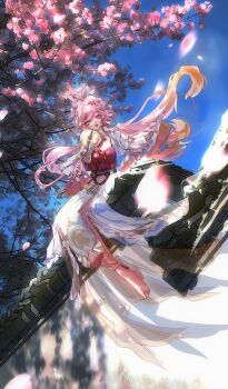 Rule 34 | 1girl, absurdres, barefoot, blonde hair, blue sky, breasts, cherry blossoms, chinese clothes, chinese commentary, chinese hairstyle, commentary request, diamond-shaped pupils, diamond (shape), dress, elf, elysia (hi love elf) (honkai impact), elysia (honkai impact), elysia (lunar grace) (honkai impact), feet, flower, hair flower, hair ornament, hand fan, highres, holding, holding fan, honkai (series), honkai impact 3rd, large breasts, long hair, multicolored hair, official alternate costume, pink hair, pointy ears, purple eyes, sitting, sky, solo, symbol-shaped pupils, toes, tree, very long hair, white dress, white hair, yu diandian