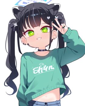 1girl animal_ear_fluff animal_ears black_collar black_hair black_nails blue_archive blue_halo center-flap_bangs collar collarbone commentary_request crosshair_pupils denim earclip earrings green_eyes green_sweater grin hair_ornament halo hand_up heart heart_hair_ornament highres jewelry loli long_hair long_sleeves looking_at_viewer midriff_peek nail_polish navel shun_(blue_archive) shun_(small)_(blue_archive) simple_background smile solo sseopik stud_earrings sweater twintails upper_body v variant_set white_background wispy_bangs x_hair_ornament