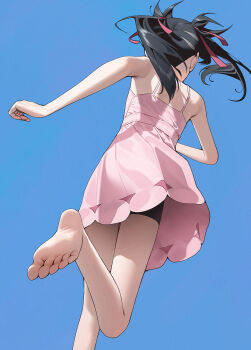 1girl 987645321o back barefoot bike_shorts black_hair black_shorts dress facing_away from_behind hair_ribbon highres marnie_(pokemon) nintendo pink_dress pink_ribbon pokemon pokemon_swsh ribbon running shorts soles solo standing standing_on_one_leg toes twintails