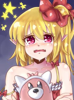 1girl bewear blonde_hair crying fangs flandre_scarlet gen_7_pokemon highres nintendo norori one_side_up pointy_ears pokemon pokemon_sm red_eyes short_hair sleeveless slit_pupils solo stuffed_toy touhou