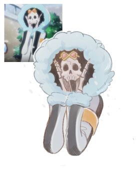 Rule 34 | 1boy, absurdres, afro, black hair, brook (one piece), coat, commentary, eyewear on head, fur-trimmed coat, fur trim, highres, hood, hooded coat, male focus, one piece, pank0tan, screenshot inset, simple background, skeleton, snowing, upper body, white background