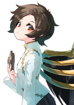 1girl artist_name black_skirt blush breasts brown_hair brown_mask buttons closed_mouth commentary_request cowboy_shot diamond_button fingernails from_side gold_trim hand_up hashiro highres holding holding_mask iwanaga_ariya leaf_print long_sleeves looking_at_viewer mask pleated_skirt red_eyes shirt short_hair simple_background skeletal_wings skirt small_breasts solo sparkling_eyes standing touhou white_background white_shirt wide_sleeves wings