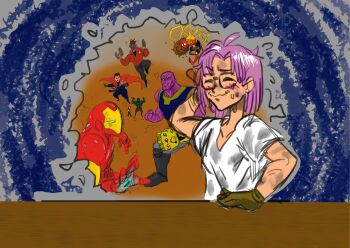 ? absurdres armor artist_request chrono_trigger colorized crossover doctor_strange drax_the_destroyer highres infinity_gauntlet iron_man lucca_ashtear mantis_(marvel) marvel marvel non-web_source power_armor scene_reference spider-man star-lord tagme thanos wormhole