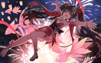 1girl architecture artist_name black_hair breasts chinese_commentary commentary_request dress east_asian_architecture fireworks fish flower_tattoo flying_fish fox_mask highres honkai:_star_rail honkai_(series) japanese_clothes lantern long_hair mask mask_on_head meow_maolai night open_mouth outdoors paper_lantern red_dress salmon sandals sky_lantern small_breasts smile solo sparkle_(honkai:_star_rail) tattoo thighs toes twintails very_long_hair